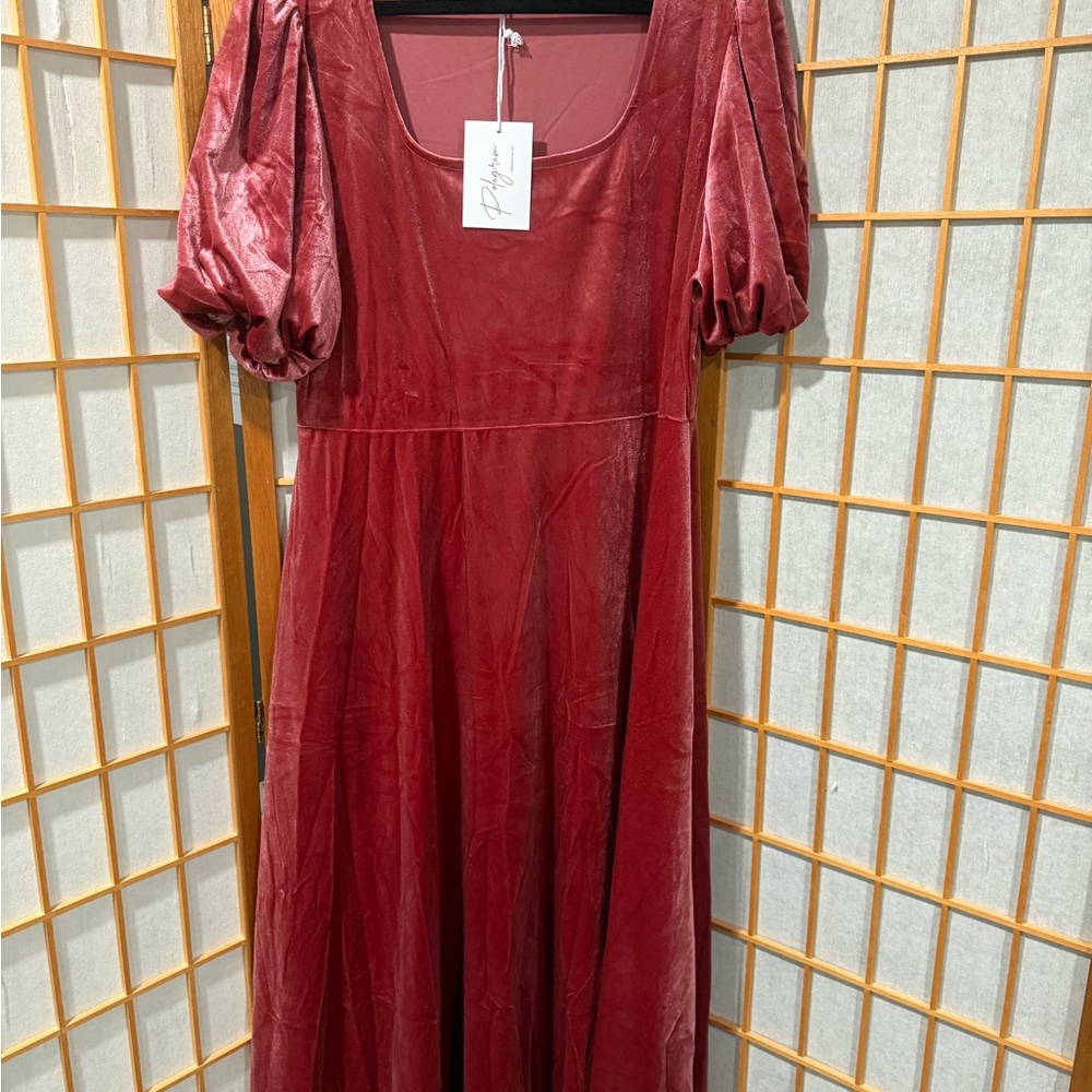 Polagram Burgundy Velvet Midi Dress with Puff Sleeves